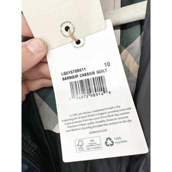 Barbour Cassius Quilted Hooded Coat in Black/Ancient Fern Tartan Size 6 NWT - Picture 5 of 6